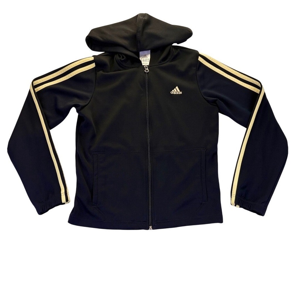Adidas Boys Vintage Climalite Full Zip Hoodie Black Gold 3-Stripe Jacket M Track